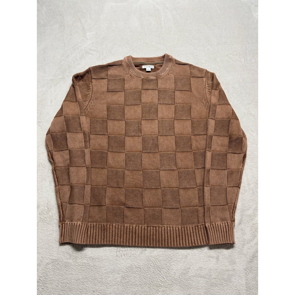 32 Bar Blues Sweater Mens XL Pullover Brown Checkerboard Textured EUC